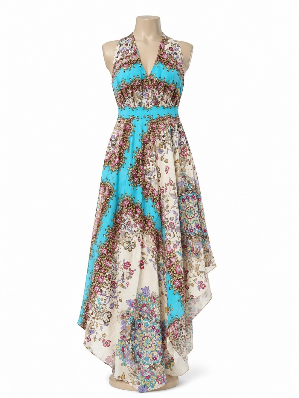 ANTONIO MELANI Turquoise and Cream Floral Halter High-Low Dress